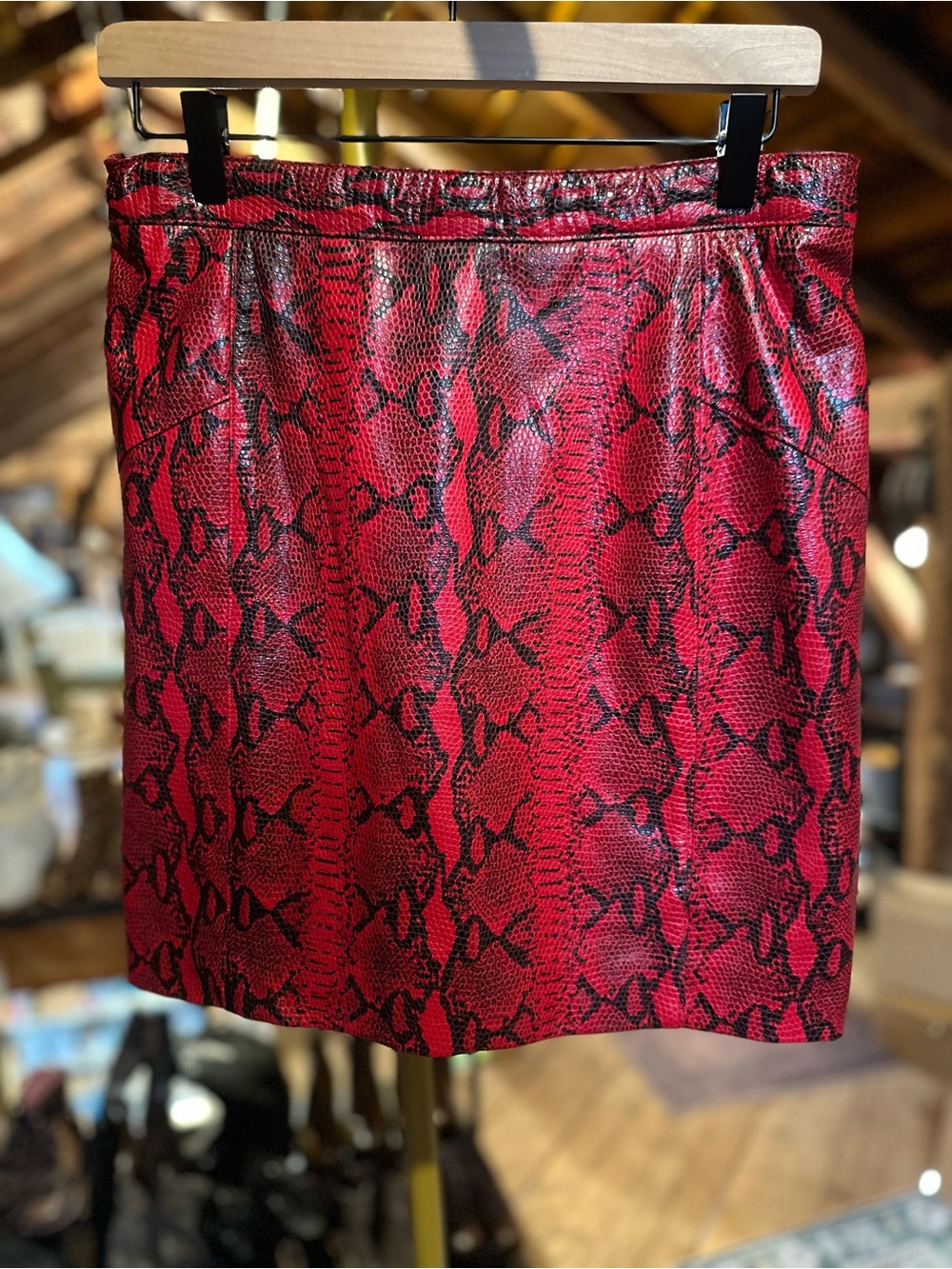 Red Snake-Print Faux Leather Skirt